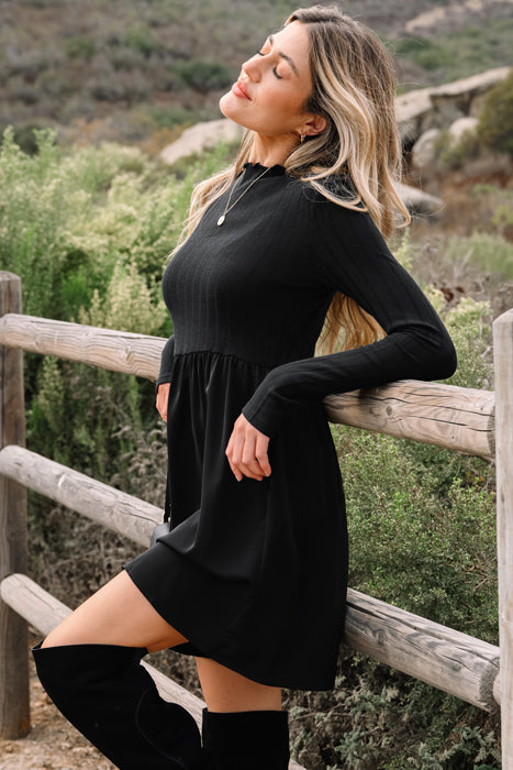 Frilled Neck Ribbed Knit Patchwork Mini Dress | S-XL