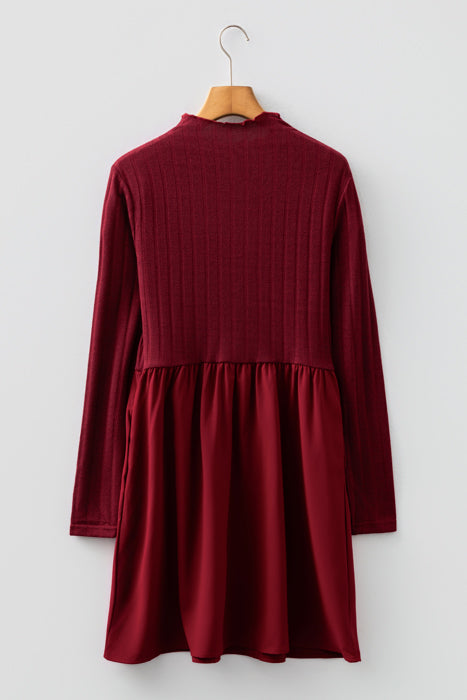 Frilled Neck Ribbed Knit Patchwork Mini Dress | S-XL